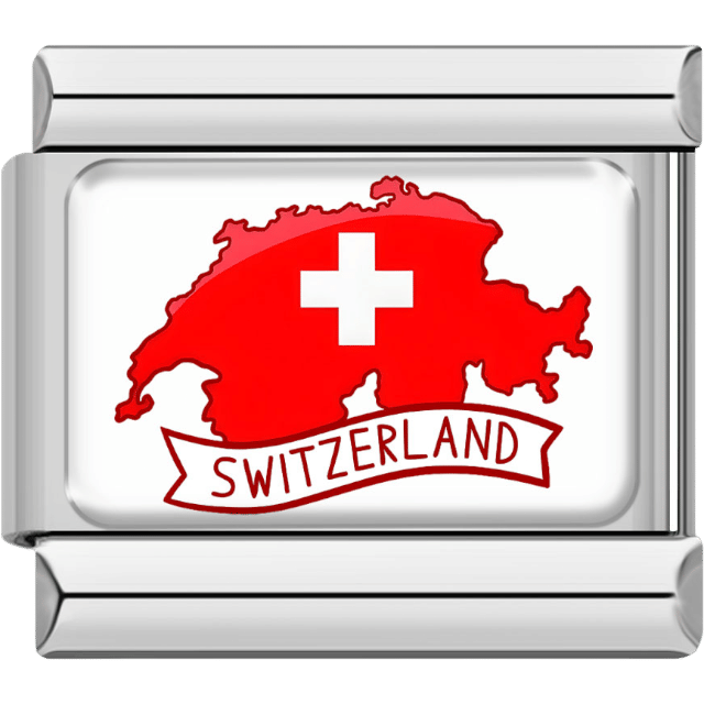 Italian charm with a silver frame featuring the map of Switzerland in solid red with a bold white cross and a banner reading “Switzerland.”